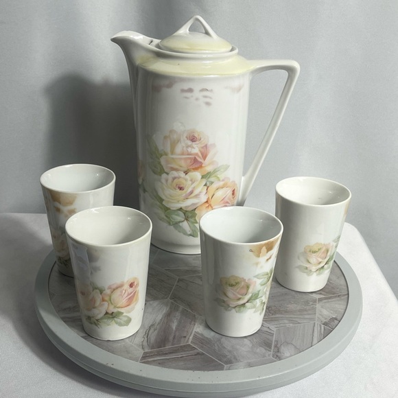 Vintage Three Crown China Rose Pitcher & 4 Cup Set Germany Gold Trim 1920's - Picture 1 of 10